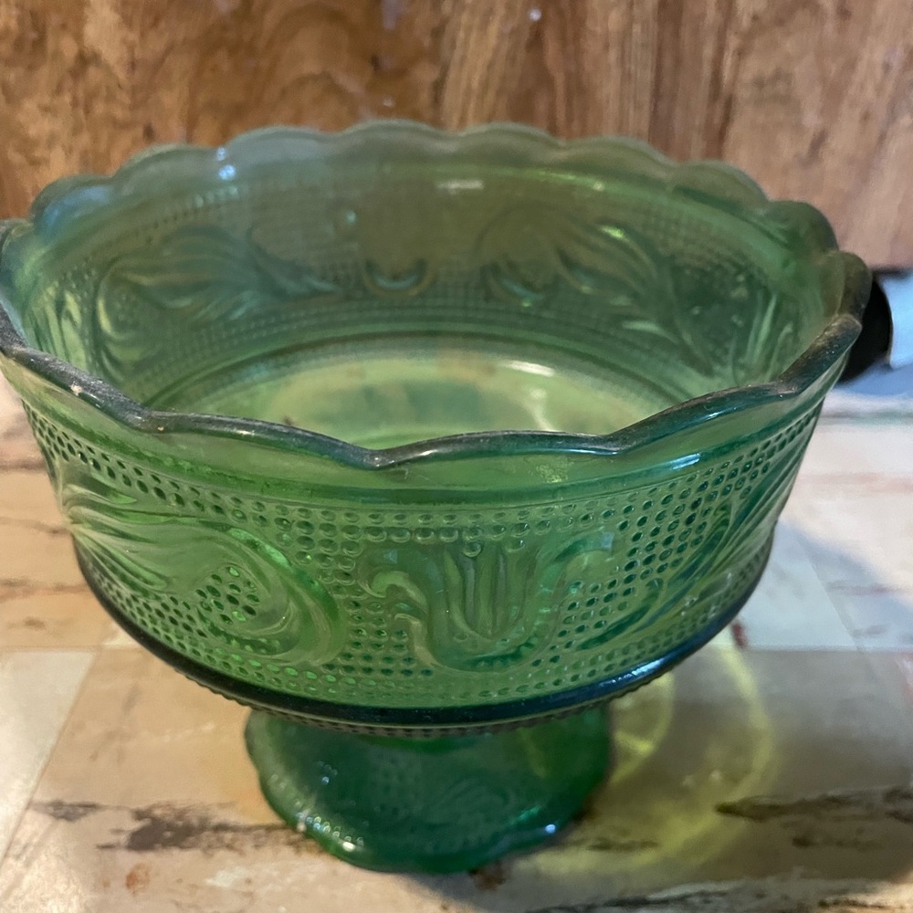 Vintage Brode Green Glass Pedestal Bowl